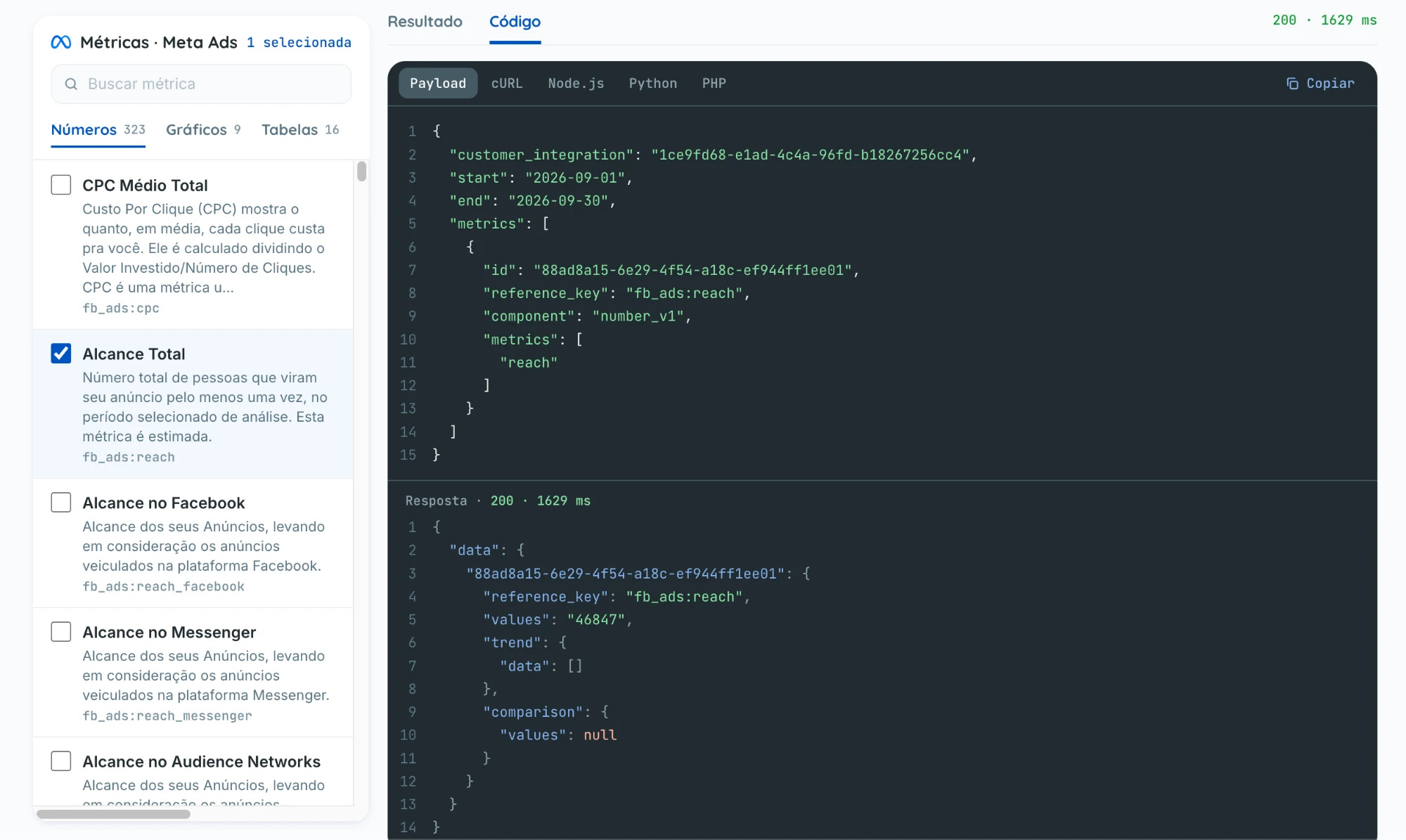 Interface real do Explorer: métrica de alcance do Meta Ads selecionada, com o payload enviado e a resposta da API.