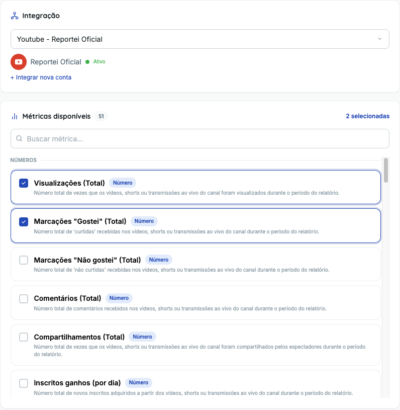 Catálogo de métricas no Connect Explorer