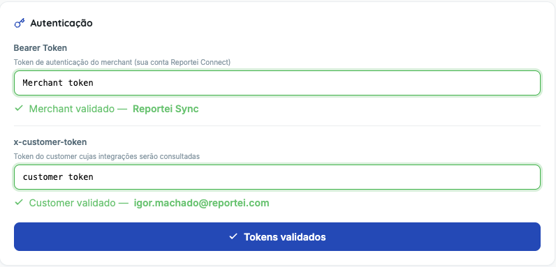 Validação de tokens no Connect Explorer