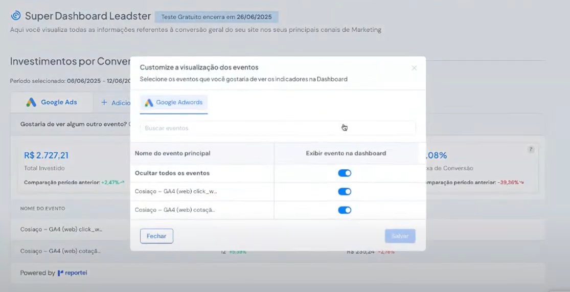 Super Dashboard Leadster - Customização de eventos e investimentos por conversão