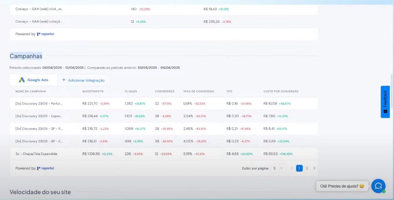 Campanhas Google Ads com métricas detalhadas de investimento e conversão